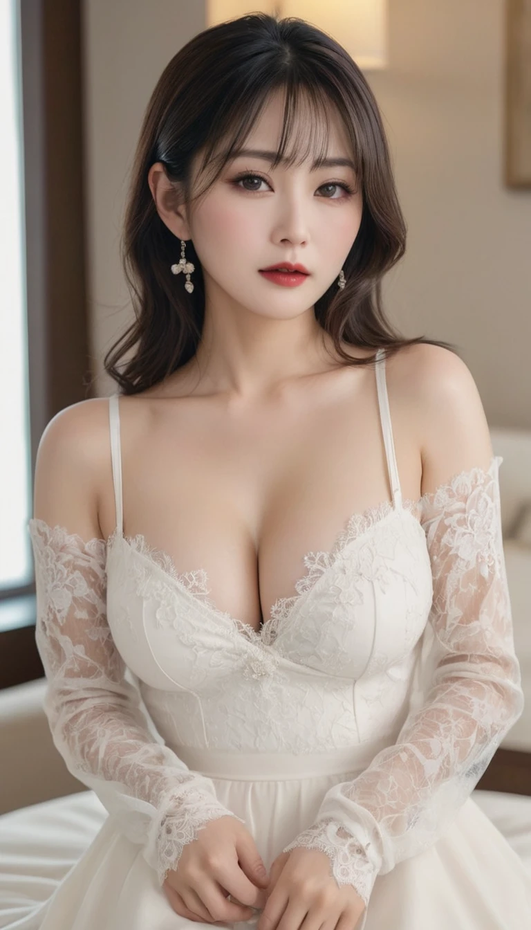 {{{Tabletop}}}, {Very delicate and beautiful}, (alone:1.5), (Highest quality:1.2), (Ultra-high resolution, Realistic, RAW Photos:1.4), 8K, Cinema Lighting, Beautiful lighting, Professional Lighting, Physically Based Rendering, Photon Mapping, ,,, ((50Japanese Mature))、Big Ass、Very big boobs、Big big boobs、(50age)、Very big big boobs、Delicate and dense skin texture,,,,,,,,,,,,,,,,,,,,,,,,,,,,,,,,,,Bright red lips、Translucent white skin、50ageJapanese Mature、Fine brown eyes、Fluffy long brown hair、Voluptuous figure、(Luxurious dressing, White sexy glamorous lace dress)、Gorgeous Accessories、Gorgeous hair ornament、(Nocturnal(A glamorous lounge in a high-rise hotel)Insert)right、White lace long gloves、