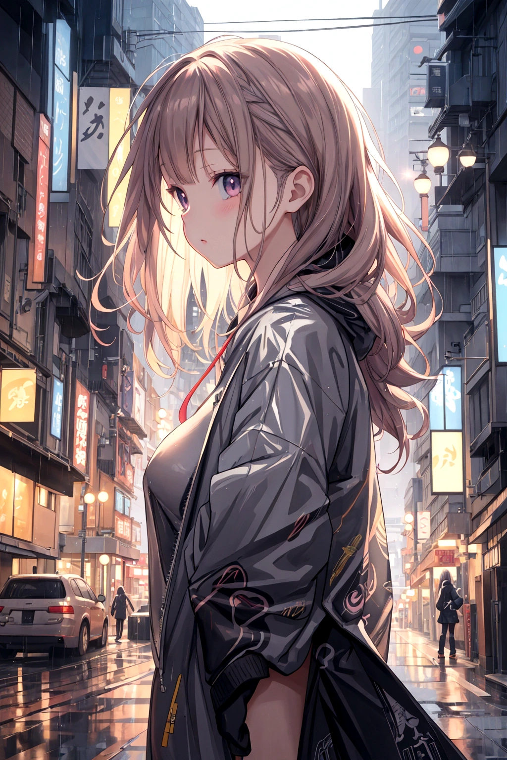 Anime girl in a raincoat walking through the city at night, Anime Style 4k, Beautiful anime portraits, Anime Art Wallpapers 8K, 4k anime wallpaper, anime art wallpaper 4k, anime art wallpaper 4k, Beautiful Anime Girls, Detailed digital anime art, Digital anime illustration, 4K Manga Wallpapers, Cyberpunk anime girl in a hoodie, anime wallpaper 4k