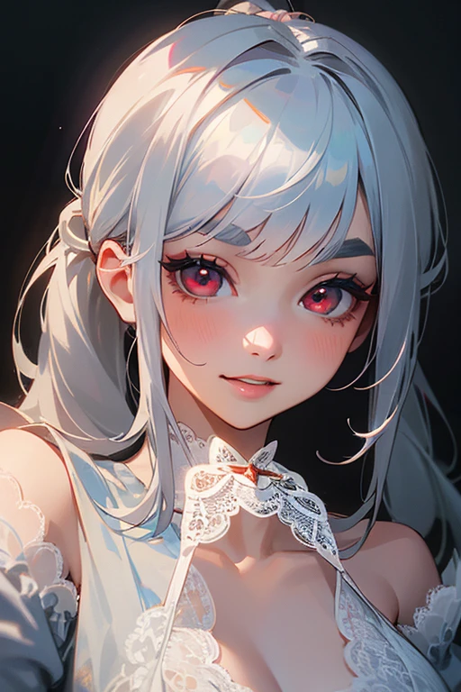 (Highest quality, masterpiece:1.2), (High resolution, 最高masterpiece).(difficult).Very detailed, Realistic:1.37, Fantasy, An illustration,Gray Hair、 Red eyes、Queen, White and blue dress、beautifully、Eyeshadow Red、Thick eyebrows、Long eyelashes、pupils are black、shiny on the lips、Top Sites、Queen、Princess、A kind smile、Show your teeth a little and smile、Soft impression、people々々Loved by、Slimming the face、Shoulder Bare、ponytail、Kissing Face、Long white hair、Shaggy Bangs、Save face image、((Lace Underwear)).sexy、