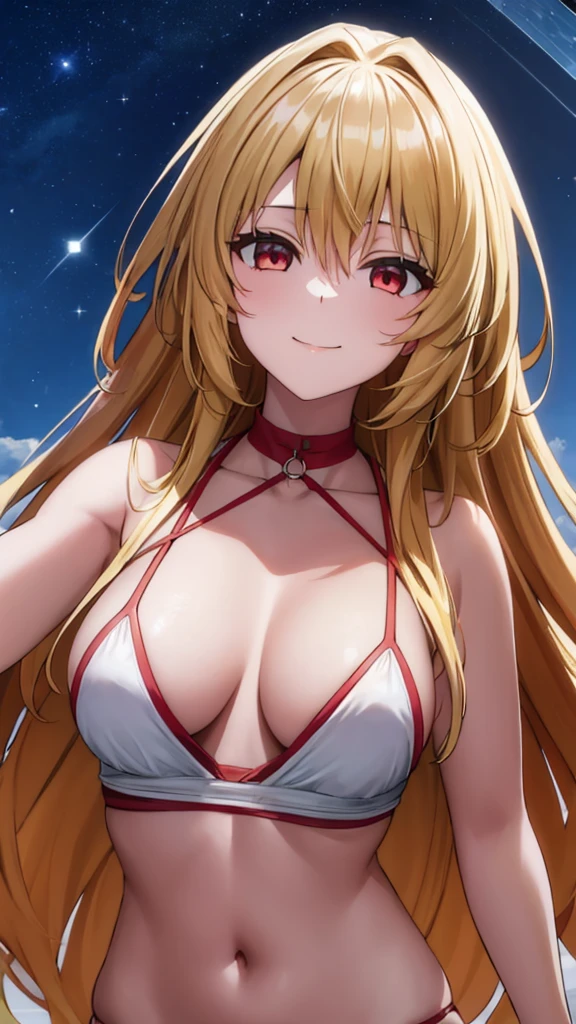 (masterpiece:1.3), (best quality:1.1), (8k, ultra detailed, ultra high res:1.2), ((anime style)), (perfect 5 fingers:1.1), perfect anatomy,
1girl,
BREAK long hair, wavy hair,
blonde hair,
red eyes, empty eyes, smile,
medium breasts,
bikini, white bikini,
BREAK looking at viewer,
upper body, outdoor, outside, shining sky, distant horizon, clouds, natural beauty, (night sky:1.5), (summer triangle:1.5),