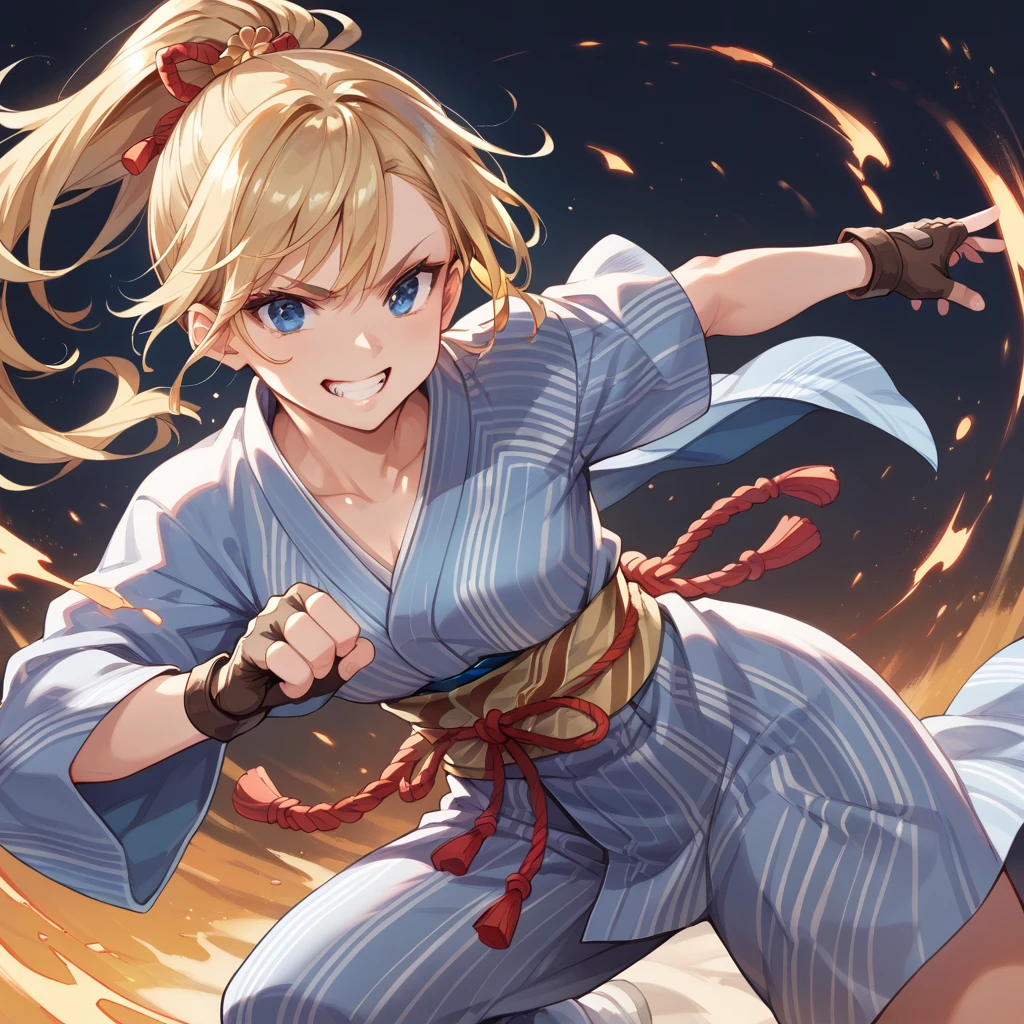 Highest quality, masterpiece, sauce_anime,  Blonde, blue eyes,Brown fingerless gloves, A yukata with orange and yellow as the base colors, Grin, 
Combat Stance,Dynamic pose,ponytail