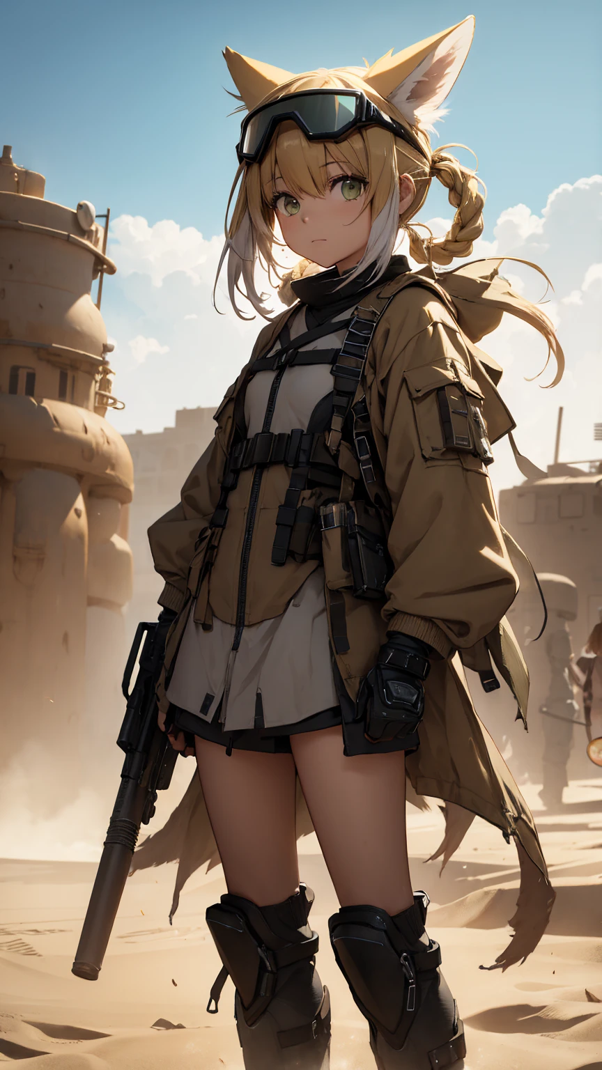 masterpiece, top quality, 1 girl, suzuran (Arknights), desert torn clothes, goggles on head, desert, Wasteland, sand, wind, dust