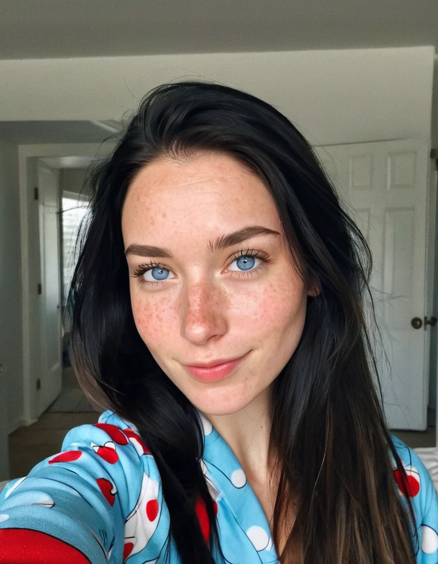 instagram selfie , a 23 year old gorgeous woman , slight smile , ultra detailed skin face and eyes , natural lighting , at home , long hair, wearing cute pajamas , film grain, low contrast, natural face , freckles , black hair , blue eyes, dark circles under eyes