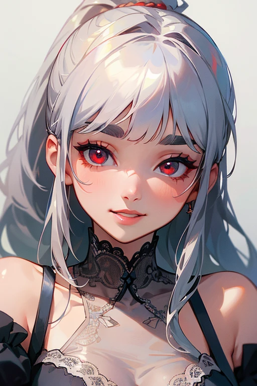 (Highest quality, masterpiece:1.2), (High resolution, 最高masterpiece).(difficult).Very detailed, Realistic:1.37, Fantasy, An illustration,Gray Hair、 Red eyes、Queen, White and blue dress、beautifully、Eyeshadow Red、Thick eyebrows、Long eyelashes、pupils are black、shiny on the lips、Top Sites、Queen、Princess、A kind smile、Show your teeth a little and smile、Soft impression、people々々Loved by、Slimming the face、Shoulder Bare、ponytail、Kissing Face、Long white hair、Shaggy Bangs、Save face image、((Lace Underwear)).sexy、