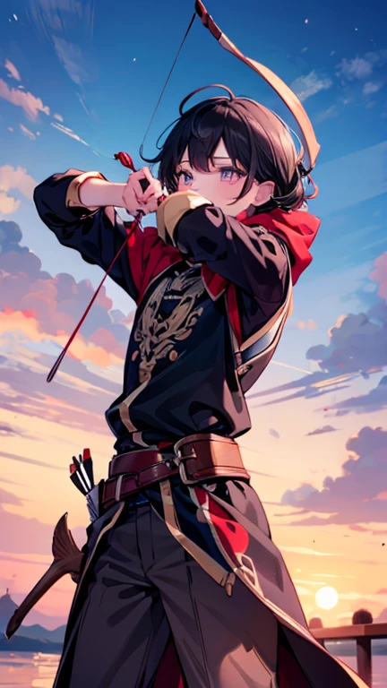 Young beautiful boy , (archery ;1.4), training, super power, high quality, black hair, tall, mussels , middle Europe