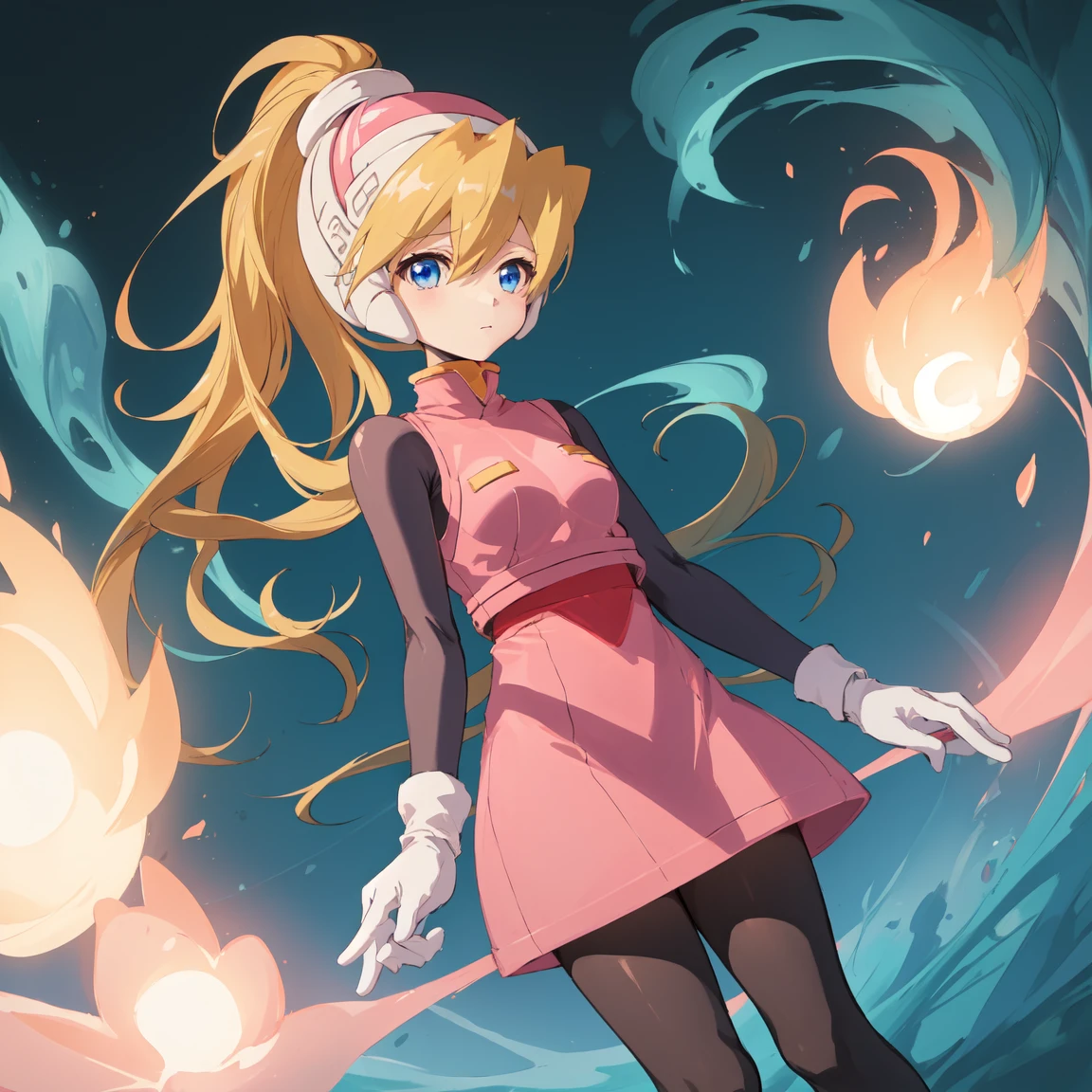 ciel_megamanz, 1girl, solo, long hair, blue eyes, blonde hair, ponytail, headgear, pantyhose, white gloves, pink dress, high quality, masterpiece, standing with green flames coming from a tree