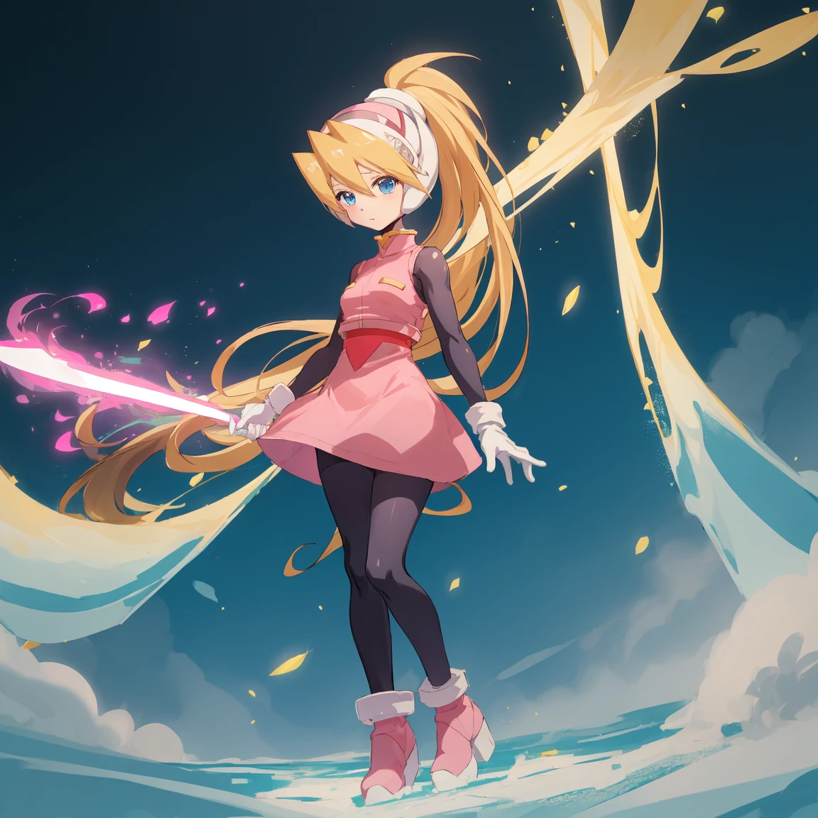 ciel_megamanz, 1girl, solo, long hair, blue eyes, blonde hair, ponytail, headgear, pantyhose, white gloves, pink dress, high quality, masterpiece, standing with green flames coming from a tree