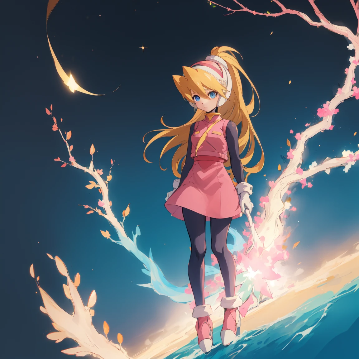 ciel_megamanz, 1girl, solo, long hair, blue eyes, blonde hair, ponytail, headgear, pantyhose, white gloves, pink dress, high quality, masterpiece, standing with green flames coming from a tree