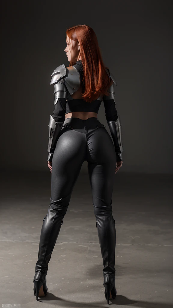masterpiece, best quality, high resolution, full body, red hair, cyber metal armor, elegant, paladin, armor, pants, metal gloves, looking into background, heels, grey background, backshot, from behind, metal boots, small ass, small booty