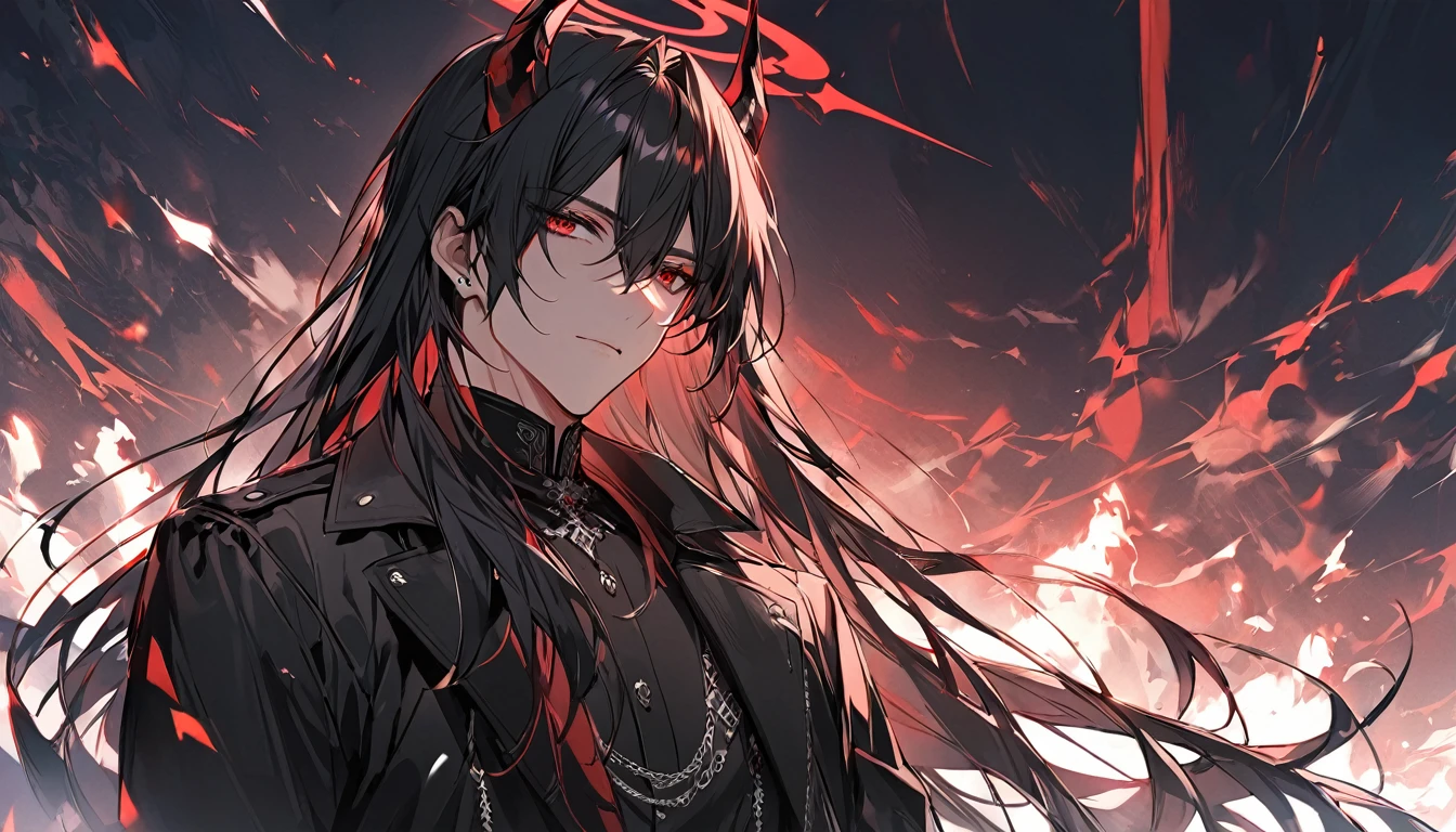 alone, good looking, 1 male, Long hair, Black hair, Red eyes, Black shirt, White Thailand, Black Trench Coat, Black horns, red halo