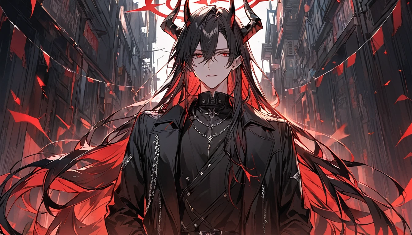 alone, good looking, 1 male, Long hair, Black hair, Red eyes, Black shirt, White Thailand, Black Trench Coat, Black horns, red halo