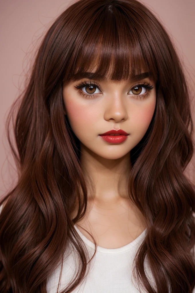 blythe doll brown skinned dark eyes reddish blushed cheeks red lips with bangs dark hair