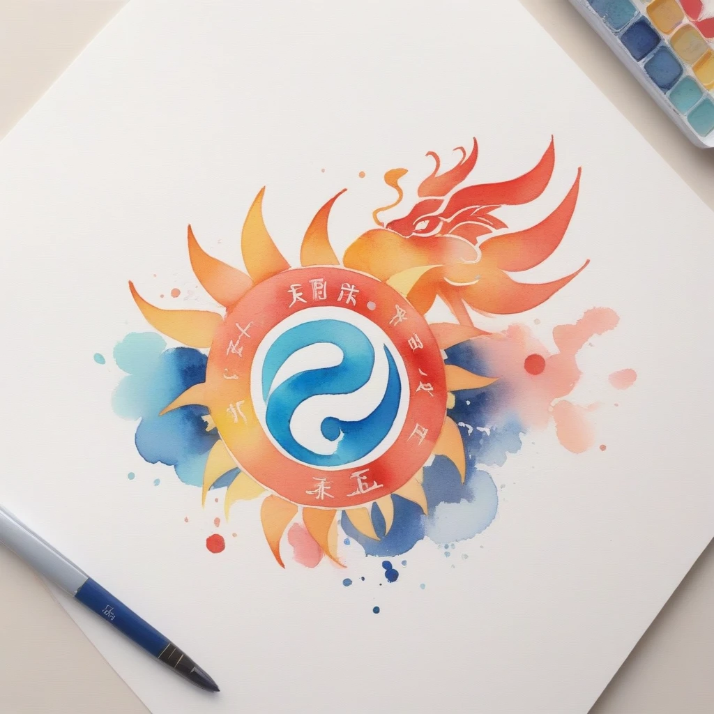 Watercolor painting logo,Flat style,Chinese_new_Year,There is a Chinese character for "晒" (sun), With sun element。 Energetic, beautiful, Sexual, detailed, structure, artistic