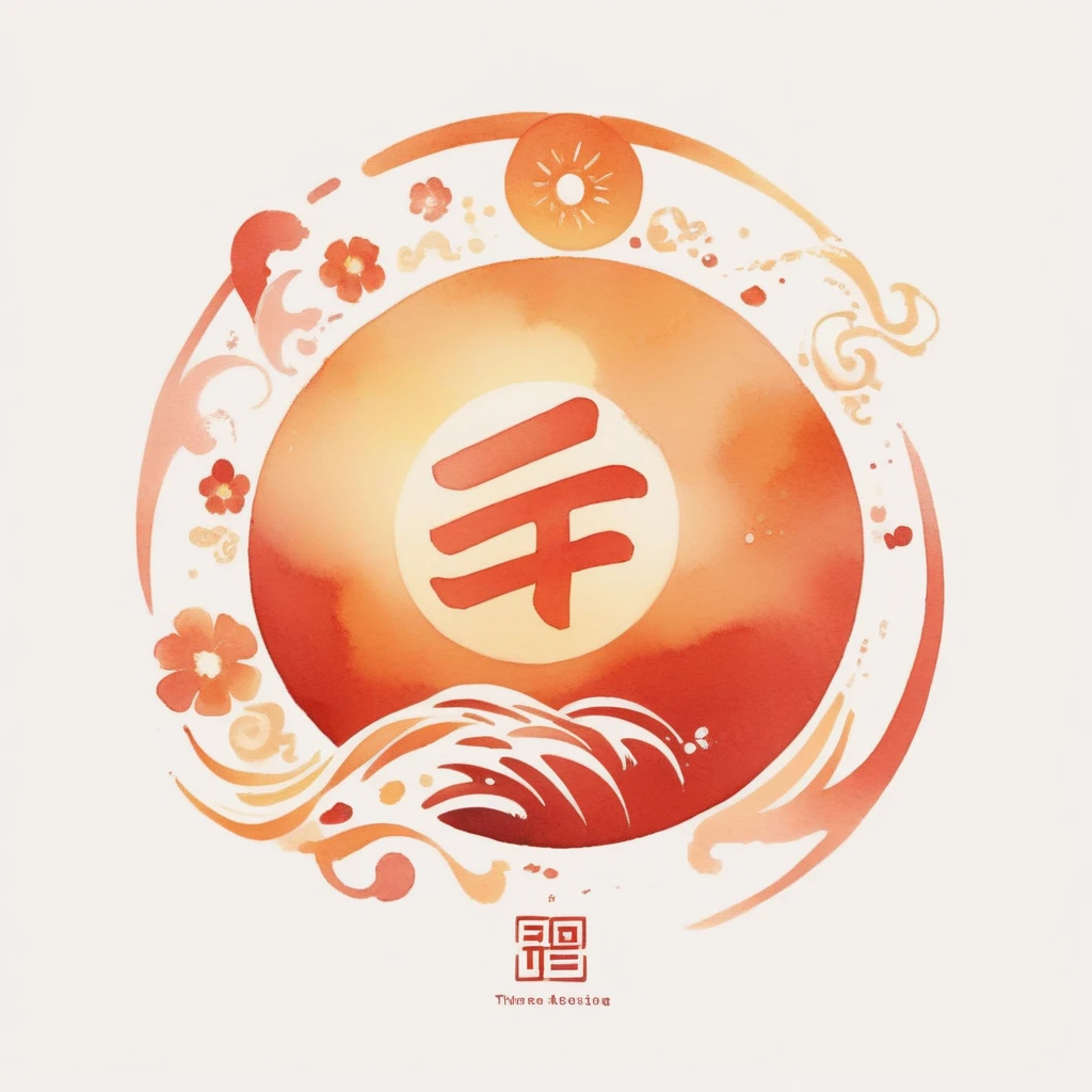 Watercolor painting logo,Flat style,Chinese_new_Year,There is a Chinese character for &quot;晒&quot; (sun), With sun element。 Energetic, beautiful, Sexual, detailed, structure, artistic