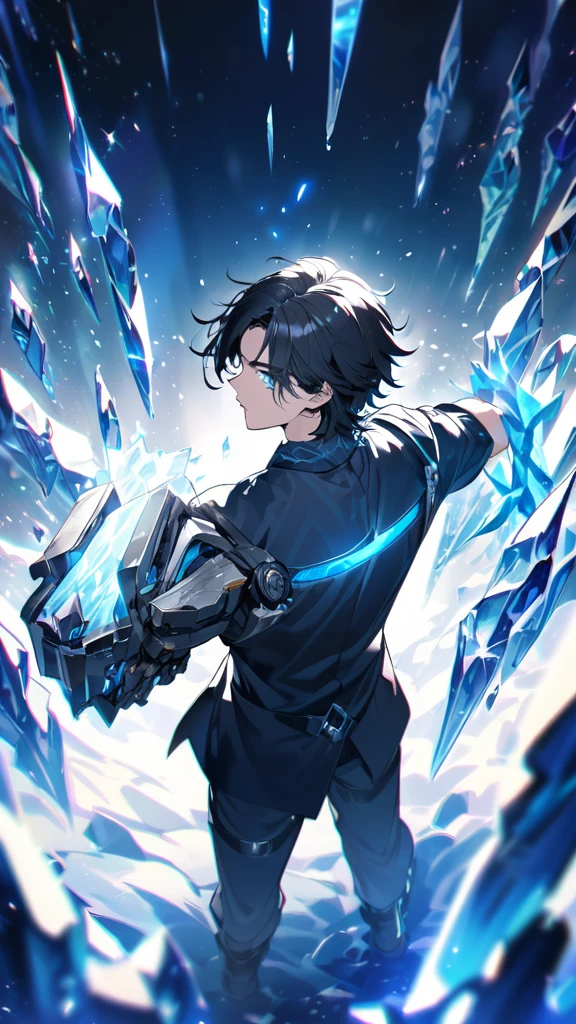 anime style man with (black hair) and blue eyes unleashing cool (ice) magic from his one hand, the other arm is metal, robot arm, hard ice, ice particles, blue and white tinted black clothing, surrounded by vibrant ice particles, emitting a cold, blue-white hue, ultra detailed, digital painting, with dramatic lighting, vivid colors, anime style from Mushoku Tensei: Jobless Reincarnation, from behind, facing viewer, looking back, from above