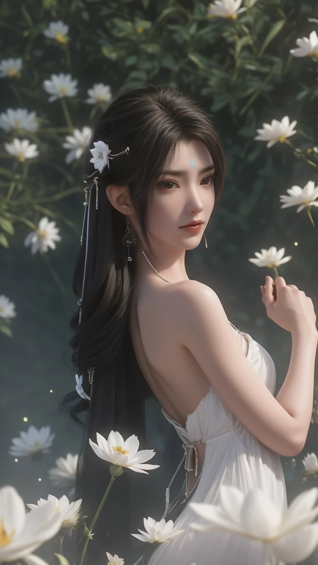 1girl, girl with long black hair, smiling, cheerful, the girl wearing white long dress, girl is lie down among a wide expanse of flowers,girl posing gracefully , surrounded by beautiful flowers, Calm and peaceful atmosphere, night, moonlight , Beautiful glowing butterflies surround the girl lighting up the darkness of the night, magic,Romantic, the night breeze blows the Sepoi Sepoi girl's hair, 