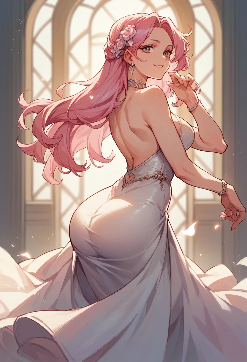 Pink haired girl in an elegant pink sexy dress, medium breasts, big butt