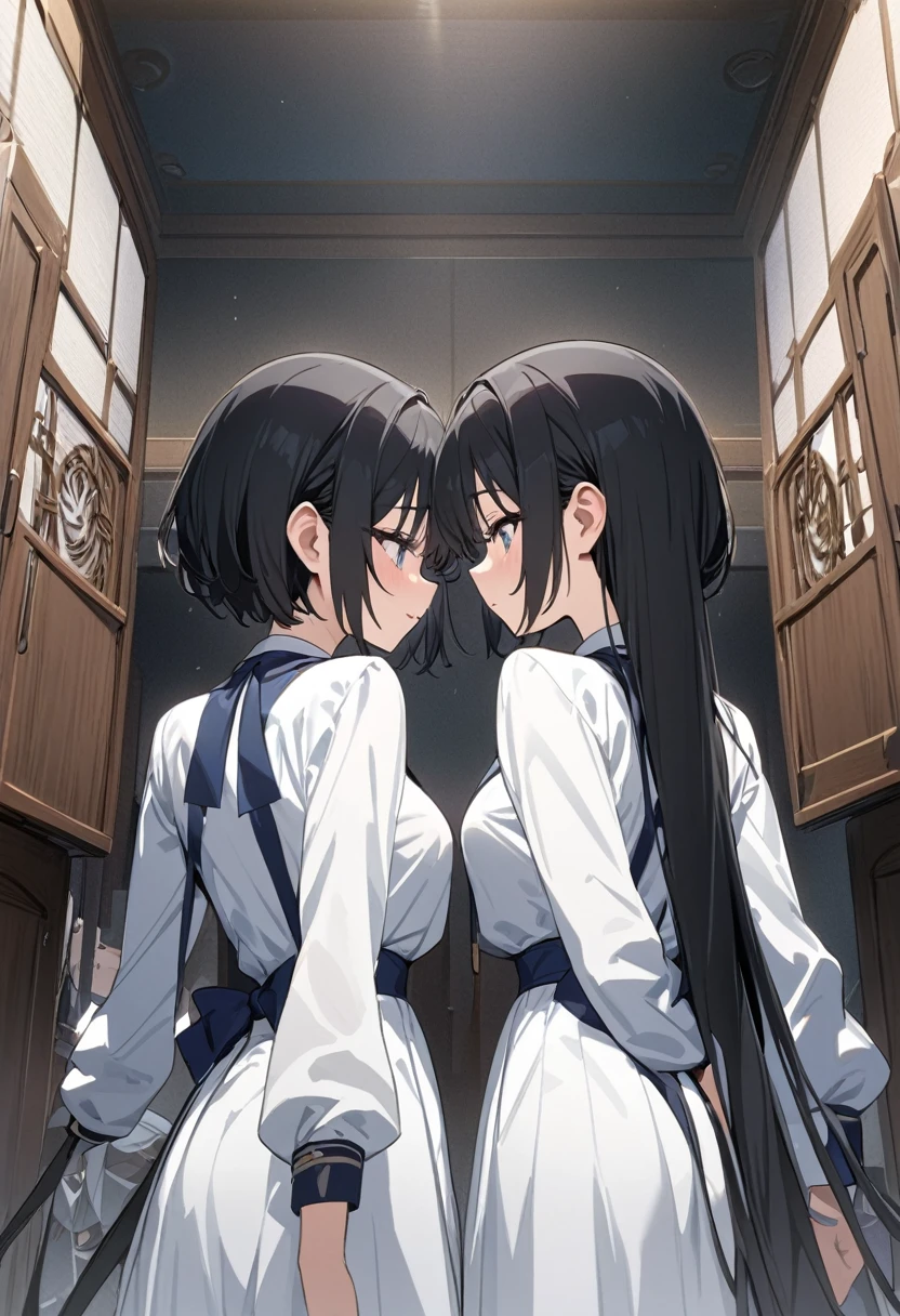 masterpiece, best quality, extremely detailed, anime, 2Girls, twins, same face, same clothes, black hair, the girl on the right has very short hair, the girl on the left has very long hair, facing each other,, screen split down the middle,