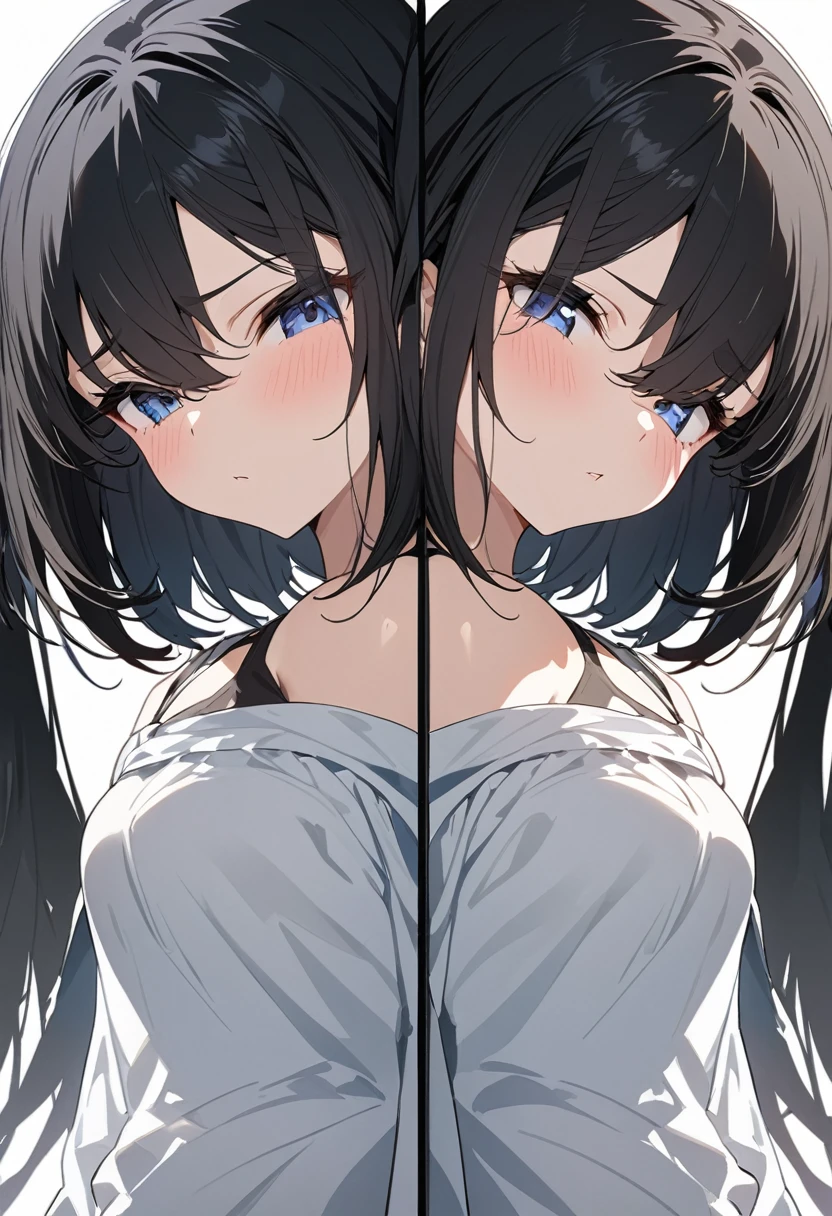masterpiece, best quality, extremely detailed, anime, 2Girls, twins, same face, same clothes, black hair, the girl on the right has very short hair, the girl on the left has very long hair, facing each other,, screen split down the middle,