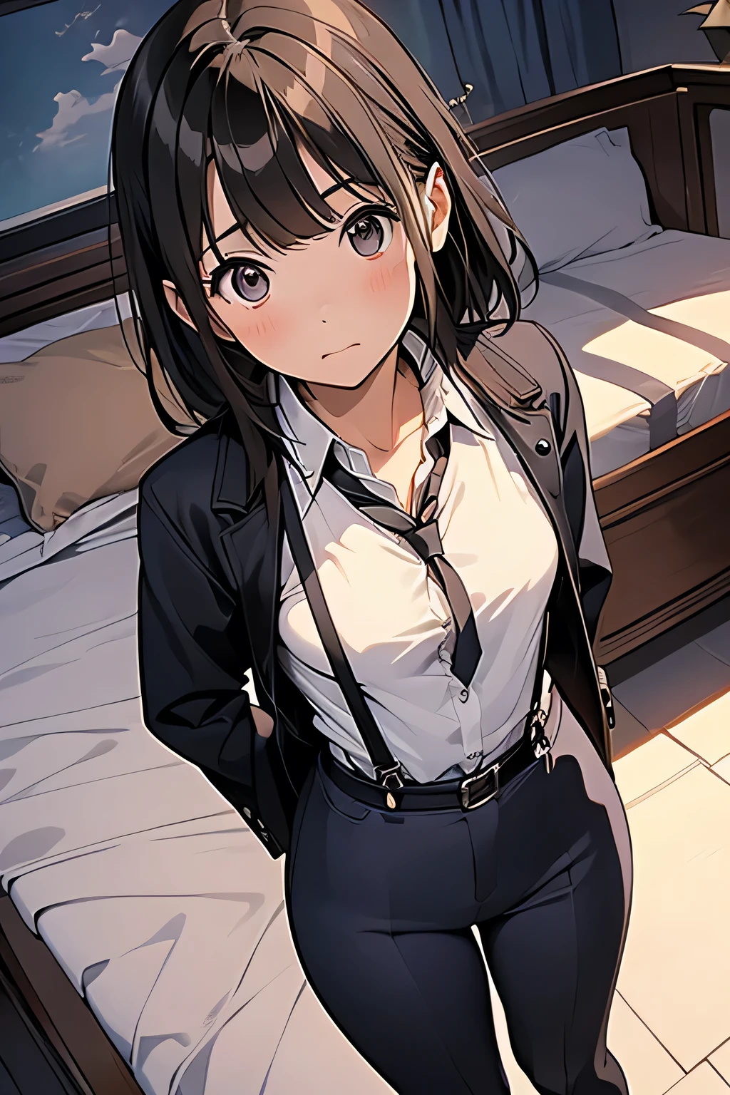 1 female, , high quality, masterpiece, Ultra-high resolution, , Cinema Lighting, , , And the suspenders with the cranes flying　　　Moderate breasts　 　 　　　　Small face　 　　　holster　　　　　　　 Lying in bed　Looking up　　　　Sweat 　　　belt　summer　脇Sweat 　Black Hole Gloves　suit　shirt　　Black jacket　 Black trousers　Leg Links　ズボンにbelt　　holster　 　　Hands behind your back　 Anxious expression　Looking up　Anxious face 
