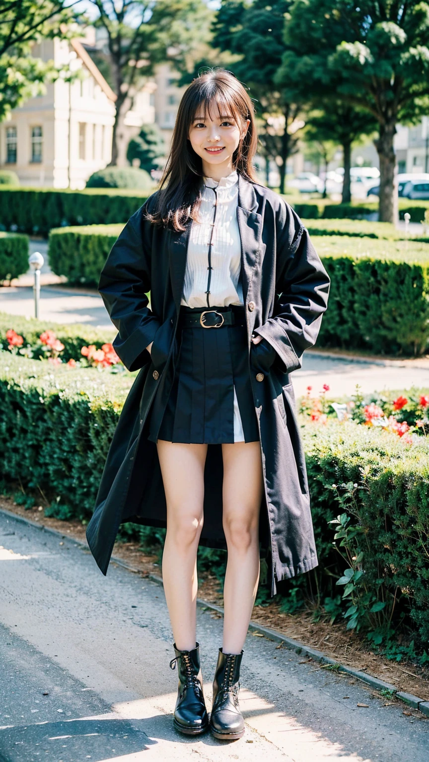(8K、RAW Photos、Highest quality、masterpiece:1.2)、(Realistic、Realistic)、1 Girl、((mini skirt、coat、black、Thin legs、whole body、boots、one piece、tights、garden、View from the front、smile、Looking into the camera、belt、Stand with hands on hips))、cute