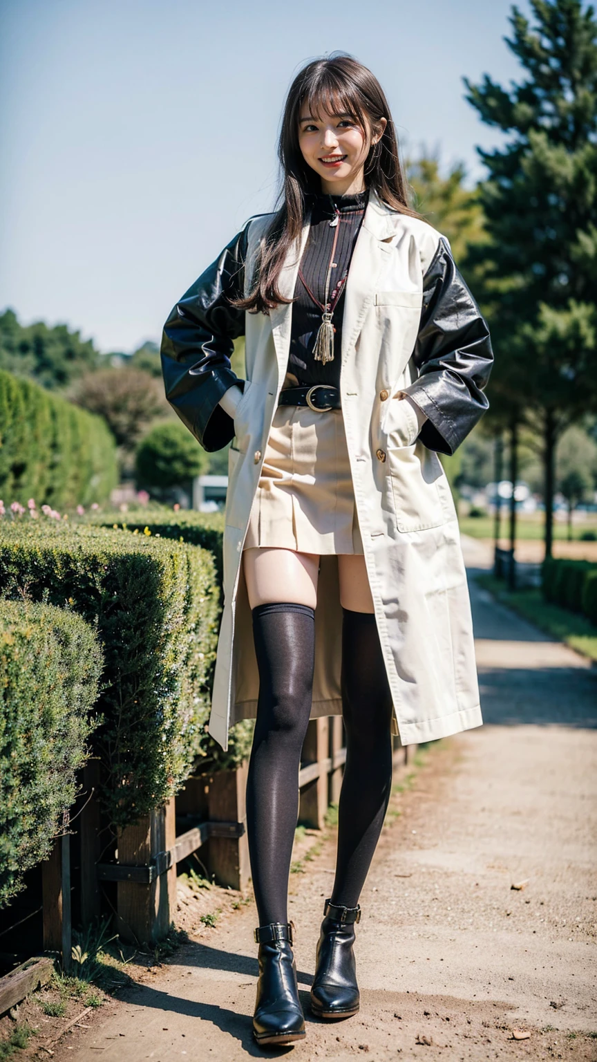 (8k、RAW Photos、Highest quality、masterpiece:1.2)、(Realistic、Realistic)、1 Girl、((Asymmetrical Skirt、long coat black、Slender legs、boots、one piece、tights、garden、View from the front、Looking at the camera、belt、Hands on your hips))、cute