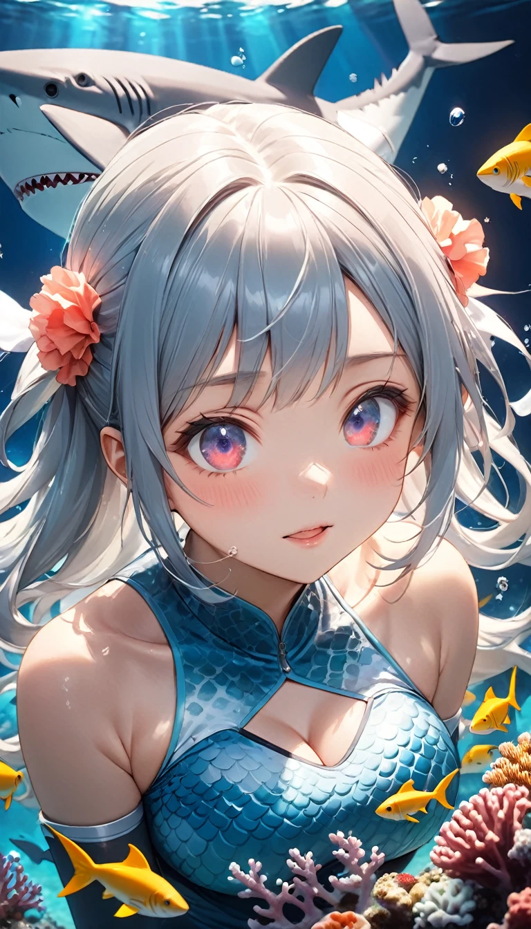 Highest quality, Super quality, 16K, Incredibly absurd, Very detailed, 2.5D, delicate and dynamic, aquarium, Large sink, Colorful Coral, Small faint light and small fish, shark, In the water, under the sea, , , , Small face, Extremely delicate facial expression, Delicate eye depiction, Upper body close-up, erotic, sole sexy lady, healthy shaped body, 22 years old lady, , 170cm tall, huge firm bouncing busts, sharkの着ぐるみを着ている, Shark skin swimsuit, scale, sharkの背びれ, sharkの頭の形の帽子, , , sharkと一緒に泳ぐ