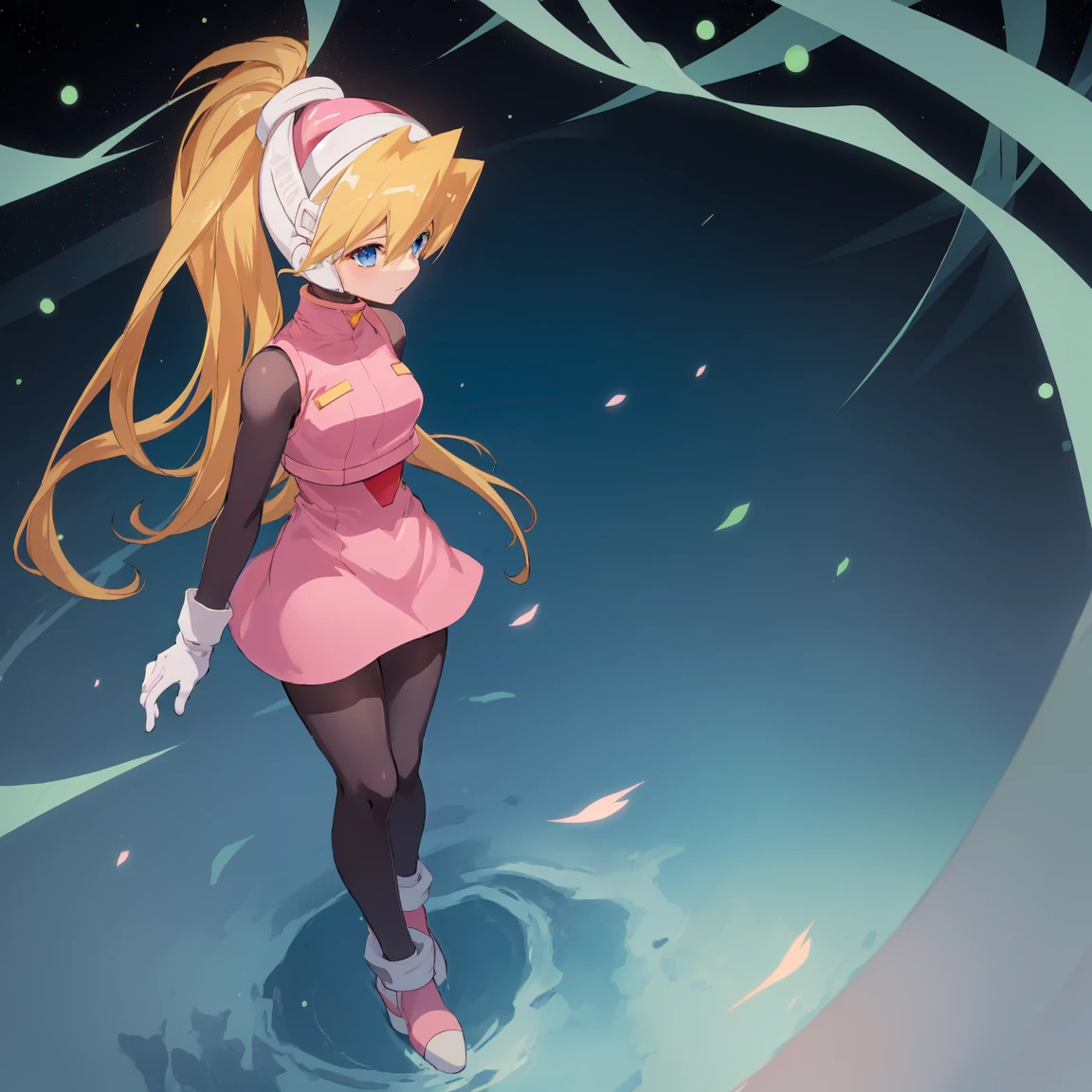 ciel_megamanz, 1girl, solo, long hair, blue eyes, blonde hair, ponytail, headgear, pantyhose, white gloves, pink dress, high quality, masterpiece, standing with green flames coming from a tree