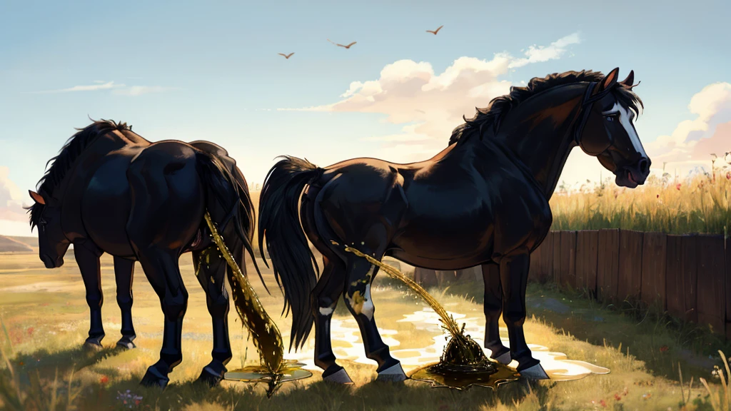 stallion horse being ridden by a (((BBW African woman))) in a field with fat Feral draft horses mares ( horse pussy, pussy juice). stallions (erect penis), grass meadow, big butt, (urine:2.1) flooding ground. horse bum emitting yellow steam jet. overhead midday sun. highlighting horse from view point. piles of horse (dung:2.1} and manure on ground around horse. 3/4 side view looking down on horse. viewed from 2000 metres away.