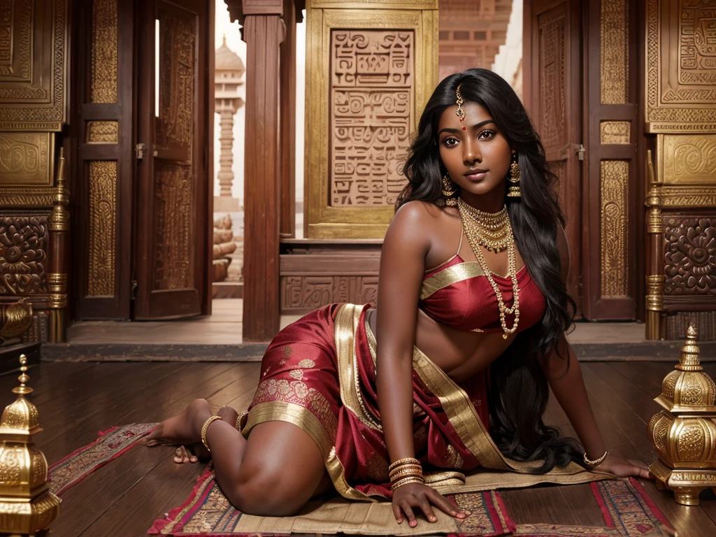 Highest quality、High resolution、8k wallpaper、Perfect dynamic composition、Beautiful Eyes、(((Indian)))、((Dark Skin))、 Dark Skinned Woman、((Young girl))、((20-year-old))
A woman in a sari takes a photo, (((Indian Goddess))), Traditional beauty, Beautiful Goddess, Gorgeous roleplay, Indian Style, indian super model, Beautiful girl, Gorgeous Woman, Southeast Asia's long, Provocative Indian, Gorgeous beautiful woman, Complicated costumes, Hindu aesthetics, Beautiful fair Asian Girl, Highly detailed goddess shot, Incredible beauty, ((((Big Breasts:2.0)))), Sexy belly button、Tight waist、
((temple))、