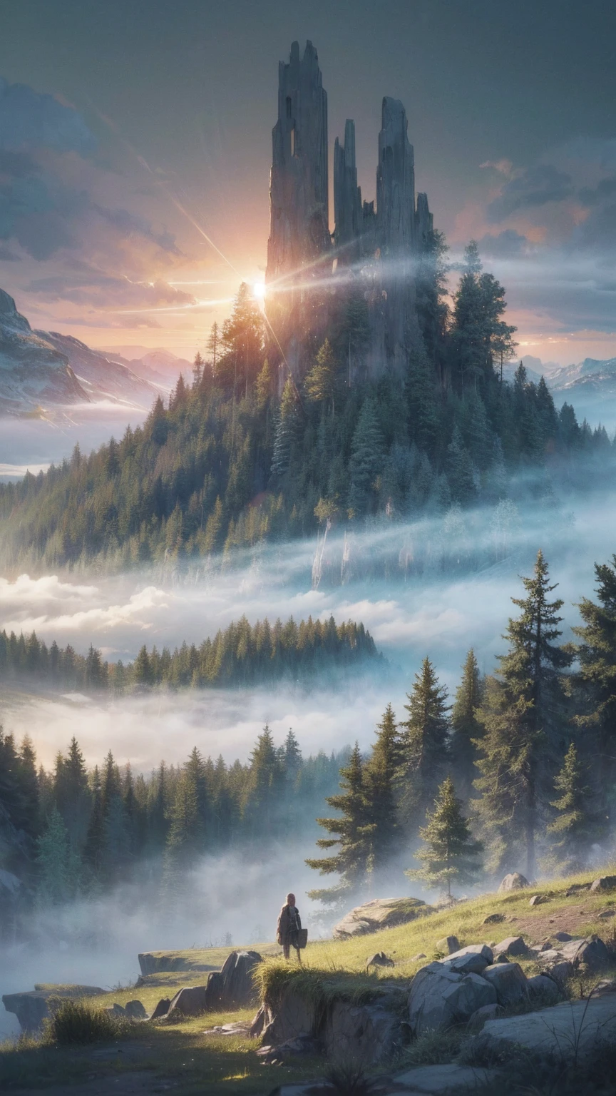 Creating desolate landscapes of valleys and mountains, Thick fog shrouded, Little sunlight, Trees with tangled roots,Thick trunk, and bushes reminiscent of grass and grass, In surreal landscapes, Dead color, 4K, light, Natural Lighting, Film Grain, light, High Detail, Photorealism, Photorealismistic, Volumetric lighting and shadows