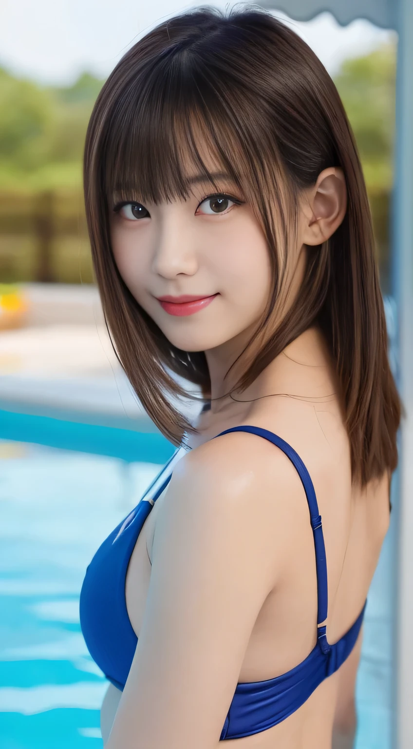 Royal blue bikini swimsuit, solo、close up of face、(Photo Real:1.4), (hyper realisitic:1.4), (realisitic:1.3), (Smooth lighting:1.05), (Improve video lighting quality:0.9), 1womanl, a 16 yo woman, Realistic lighting, Back lighting, Facial light, raytrace, (cheerfulness:1.2), (Improved image quality:1.4), (Finest Real Textured Skins), Kamimei, finely eye, a small face, Red cheeks, mideum breasts,A slight smil,beauty legs,Pointed jaws, eye shadow, Nogizaka Idol, glowy skin, hposing Gravure Idol, in poolside, Blunt bangs, Black hair, hair behind ear, hair over shoulder, Long hair,