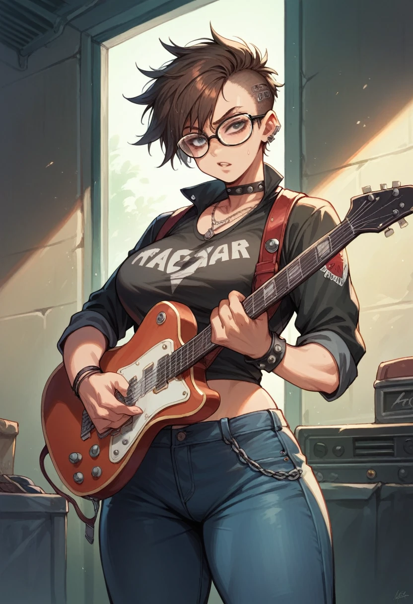 punk girl with glasses, and a dark divide, blue pants, in the garage in the background, with an electric guitar, short brown hair, detailed face, big breasts, high quality, high resolution