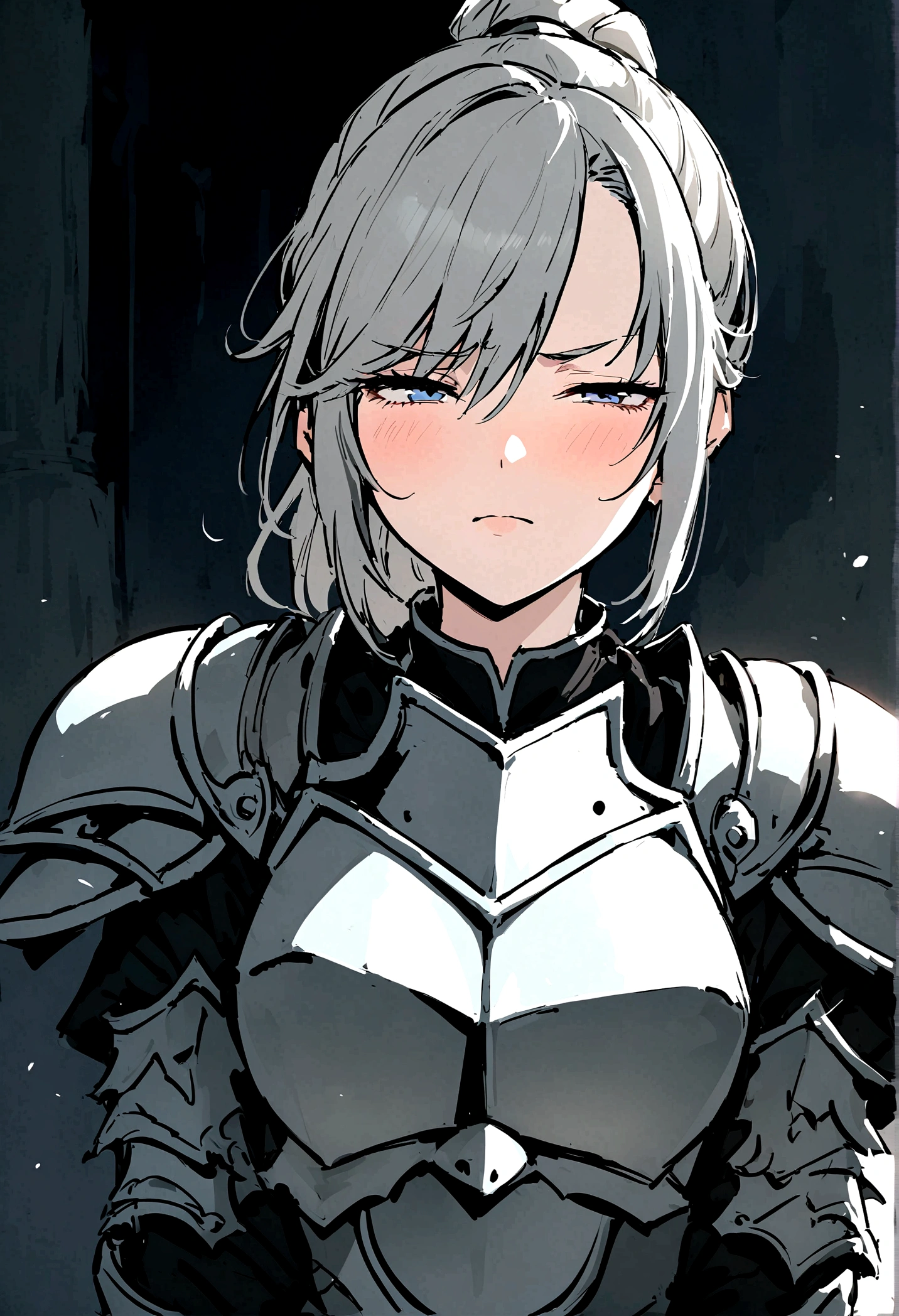 Beautiful girl knight in armor, Gray Hair, tsurime, fantastic, Face your body forward like a certificate photo, shoot from front, Ponytail, Armor Girl, beautiful female knight, Female Paladin, pale blue eyes, narrowed eyes squint, Talking mouth, full body