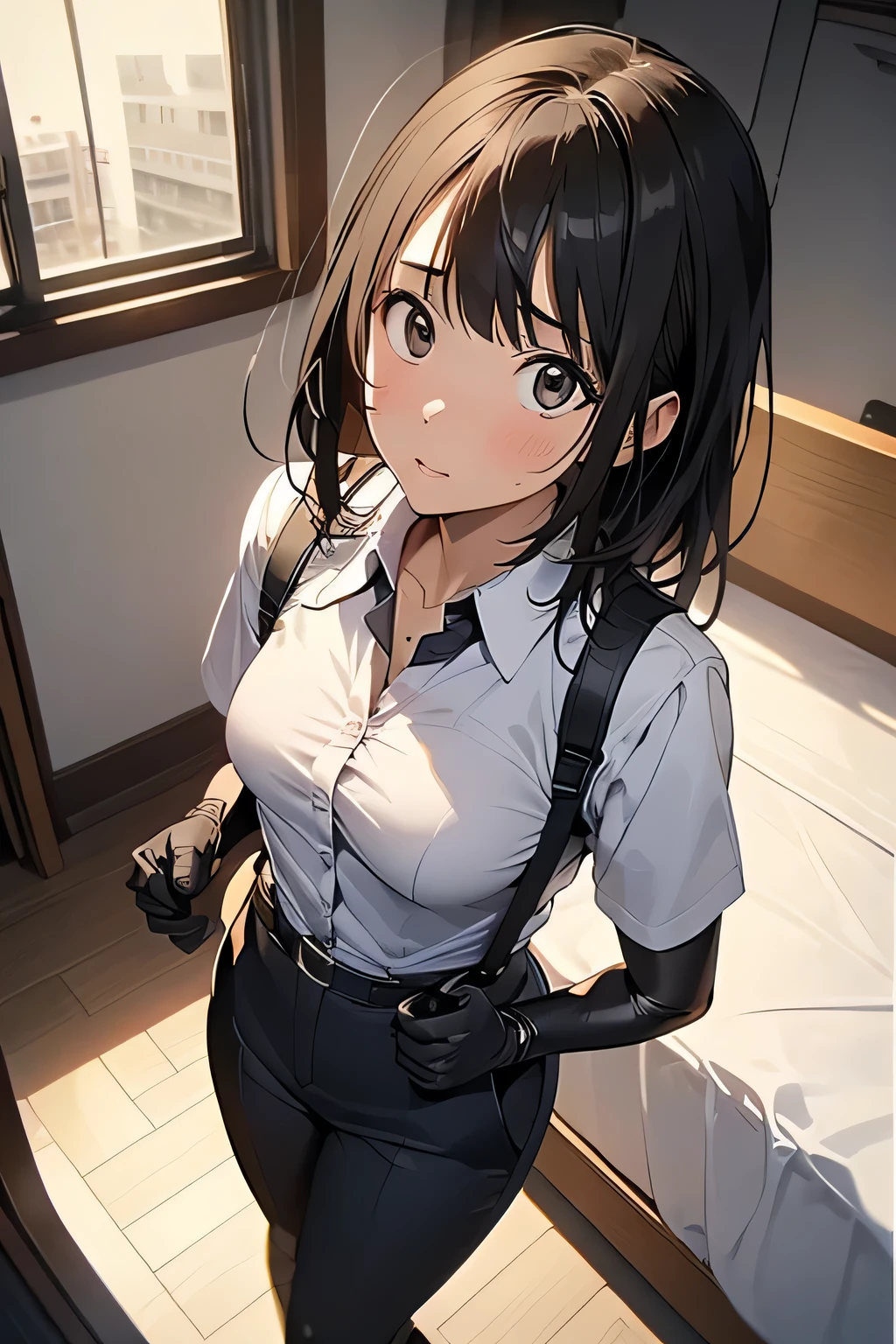 1 female, , high quality, masterpiece, Ultra-high resolution, , Cinema Lighting, , , And the suspenders with the cranes flying Moderate breasts Small face holster Lying in bed Looking up Sweat belt summer 脇Sweat Black Hole Gloves suit shirt Black jacket Black trousers Leg Links ズボンにbelt holster Hands behind your back Anxious expression Looking up Anxious face
