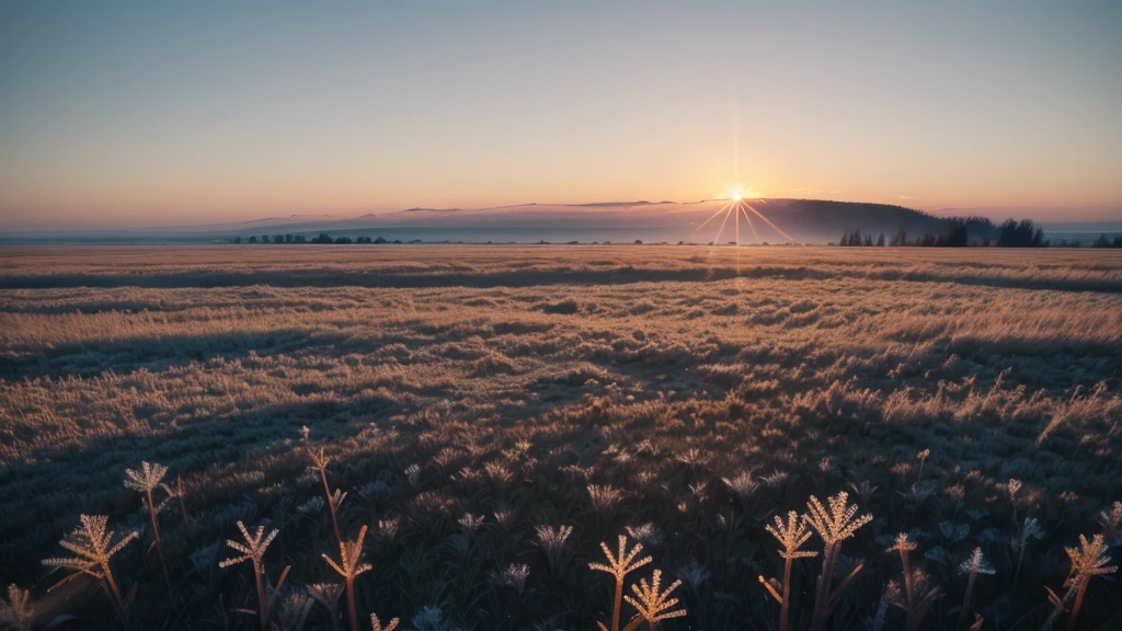 sunrise, Frost, plain, Field. Frost in first person