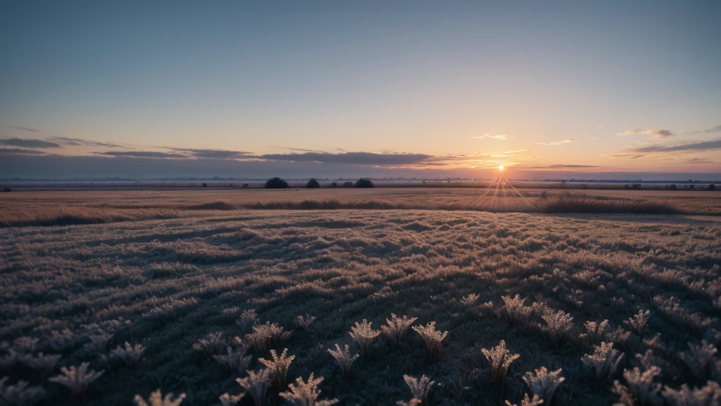 sunrise, Frost, plain, Field. Frost in first person