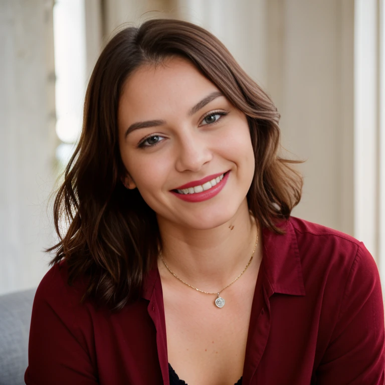 souriant, heureux , corp visible debout, tenue rouge, (Réaliste), Portrait d'un citoyen européen de 25 ans,magnifique brunette standing, Tout , Veilleuse extérieure, assise sle canpé , yeux verts, photographie professionnelle d'une superbe femme détaillée, mise au point nette,, dramatique, primé, cinématique d'éclairage, je fais de l'octane, Moteur Unreal, volumétrie dtx, (grain du film, bokeh, premier plan flou, arrière-plan estompé), très bien habillé, Sourire subtil, gros seins,sses , montrer en a