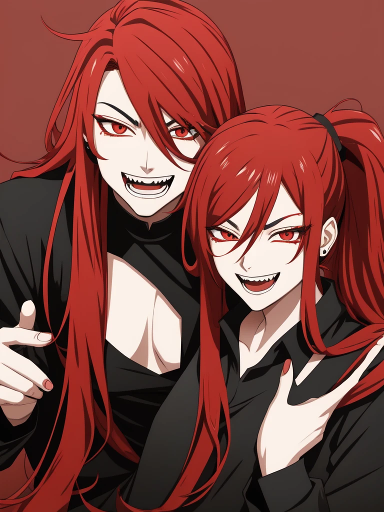 Anime androgynous person, adult, red long hair, in ponytail, laughing evil, meteor falling, wearing black shirt with red outer, one person, tattoos 