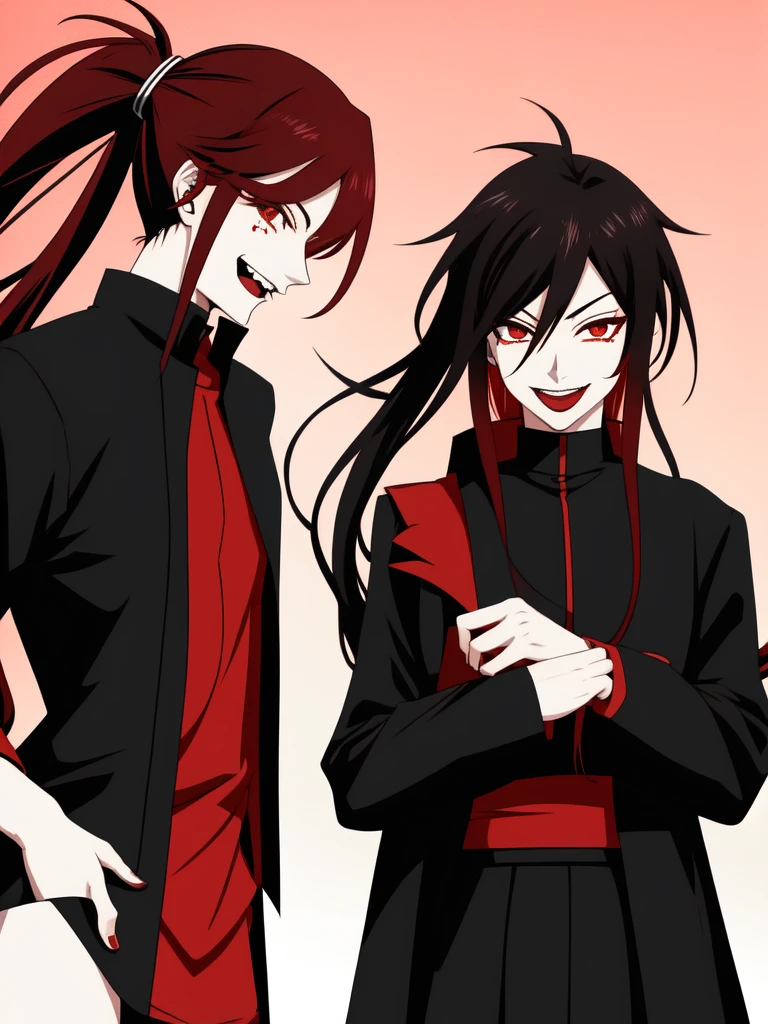 Anime androgynous person, adult, red long hair, in ponytail, laughing evil, meteor falling, wearing black shirt with red outer, one person, tattoos