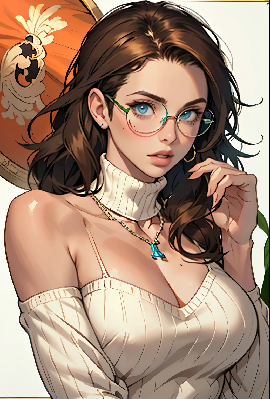 (masterpiece, Highest quality) One girl, Ashley Graham RE, alone, chest, View your viewers, Long Hair, blue eyes, shirt, Bare shoulders, jewelry, medium chest, Green Eyes, Upper Body,Brown Hair, parted lips, No sleeve, necklace, sweater, lips, turtleneck, ribbed sweater, Realistic, nose, No sleeve turtleneck, orange shirt, orange sweater,Wear glasses,
