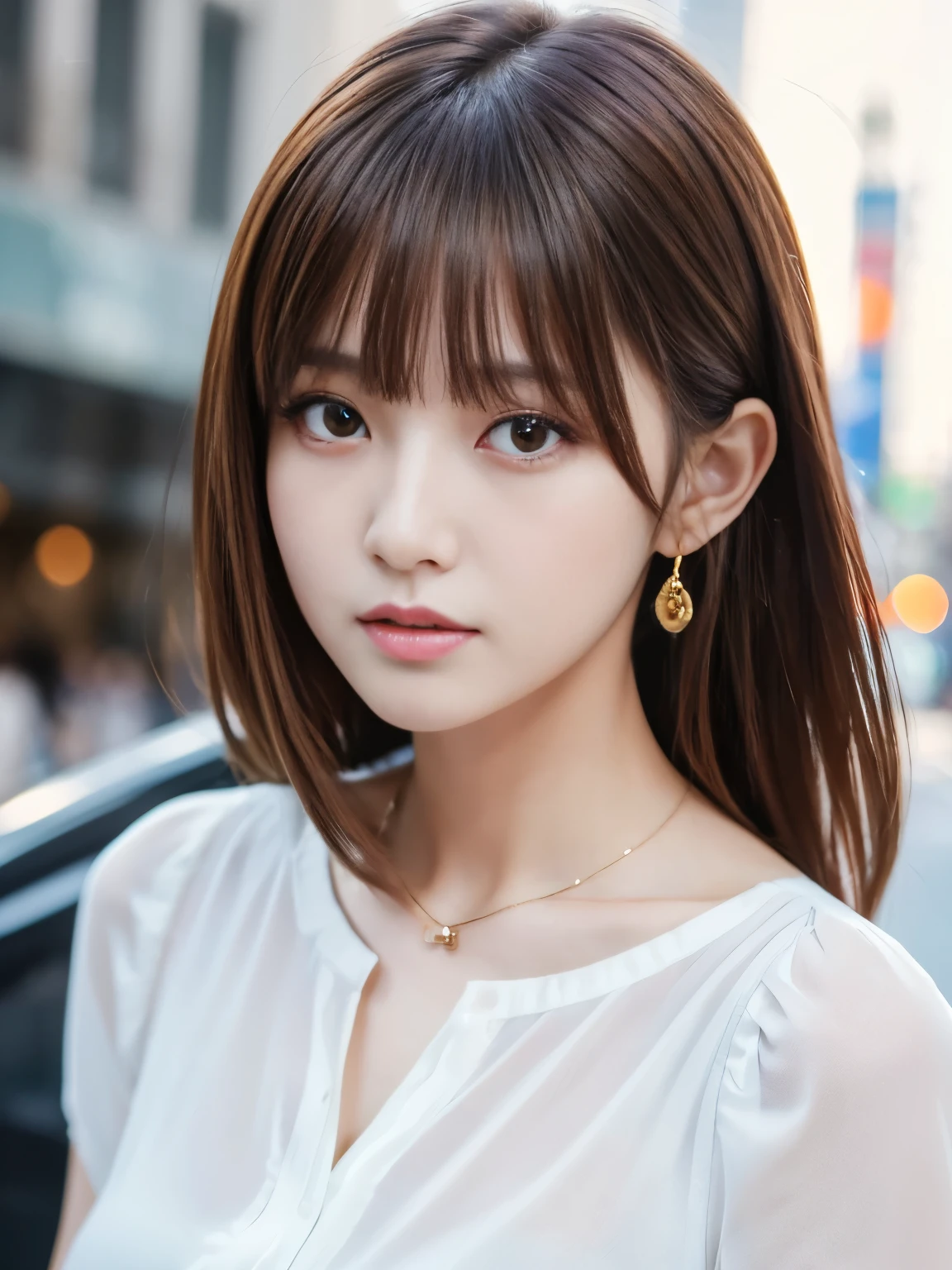 Ultra-high resolution, Superior Quality, Highest quality, Super detailed, Realistic, 8K, RAW Photos, Highest quality, masterpiece, Attractive girl, A wonderful girl, Brown Hair, Shoulder-length layered, Asymmetrical bangs, K-Pop Idols, Sophisticated, stylish, White blouse,Shibuya Ward,