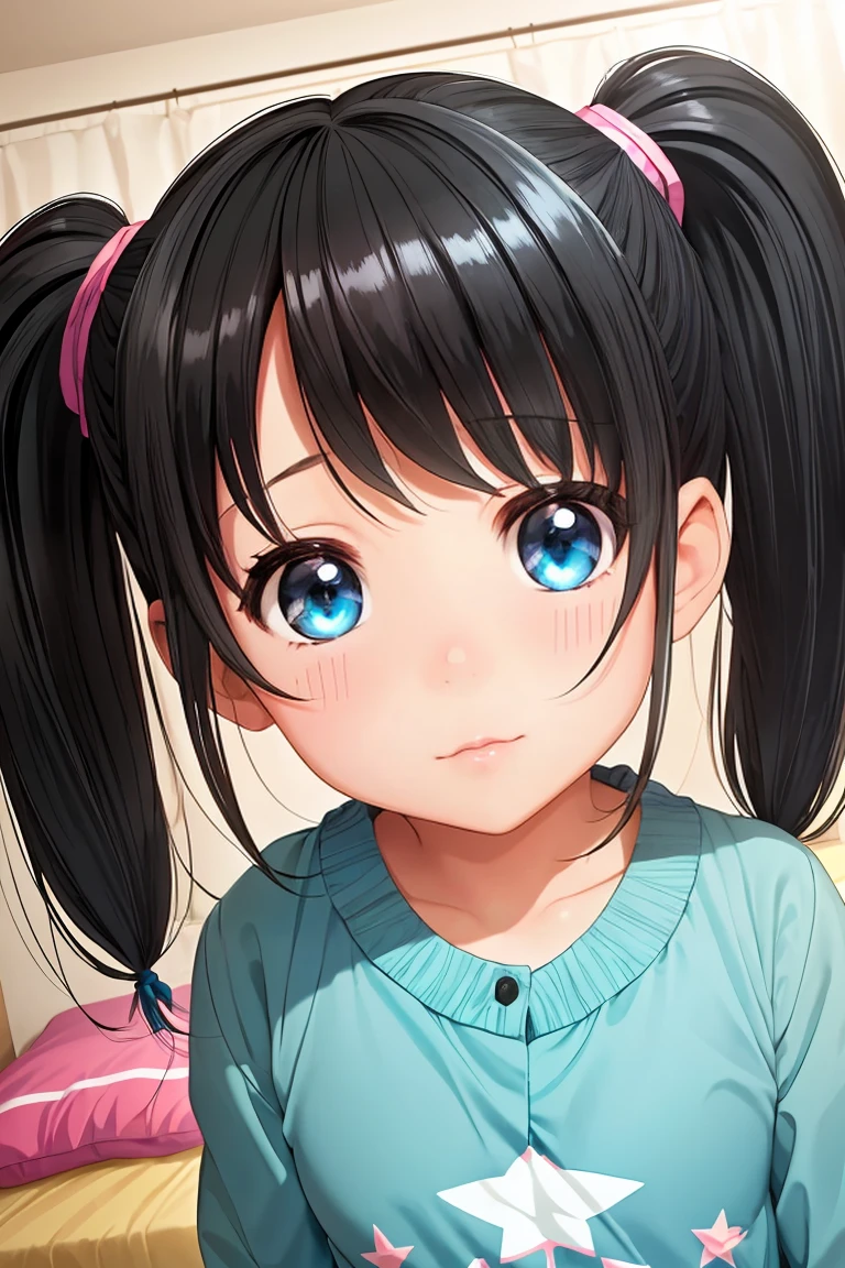 girl, 6 years old, black hair, twintails, aqua eyes, in her bedroom,detailed face, detailed eyes