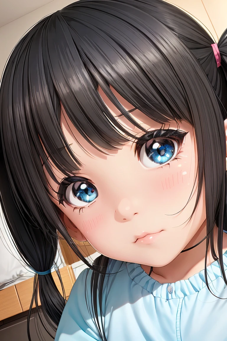 girl, 6 years old, black hair, twintails, aqua eyes, in her bedroom,detailed face, detailed eyes