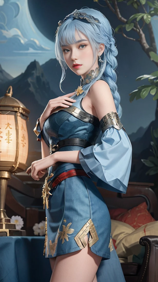 ((pretty face)), The face is extremely delicate,(best quality),(Very detailed cg 8k wallpaper), masterpiece, extremely del-0000((big breasts)), 1 girl, alone, long hair, looking at the audience, hair accessories, skirt, Keep, bare shoulders, Keep your mouth shut, blue hair, yellow eyes, braid, artist name, cover navel, blue skirt, Chinese clothes, china skirt, hand fan, folding fan, light blue hair, Keep fan, Jordyn Whitmer, (masterpiece,best quality:1.5), (masterpiece,best quality:1.5), Hold the fan in your right hand, There is no fan in my left hand, Chinese Imperial Palace, Feudal China, wooden castle, lake, (lantern), shiny, (masterpiece,best quality:1.5), (masterpiece,best quality:1.5)