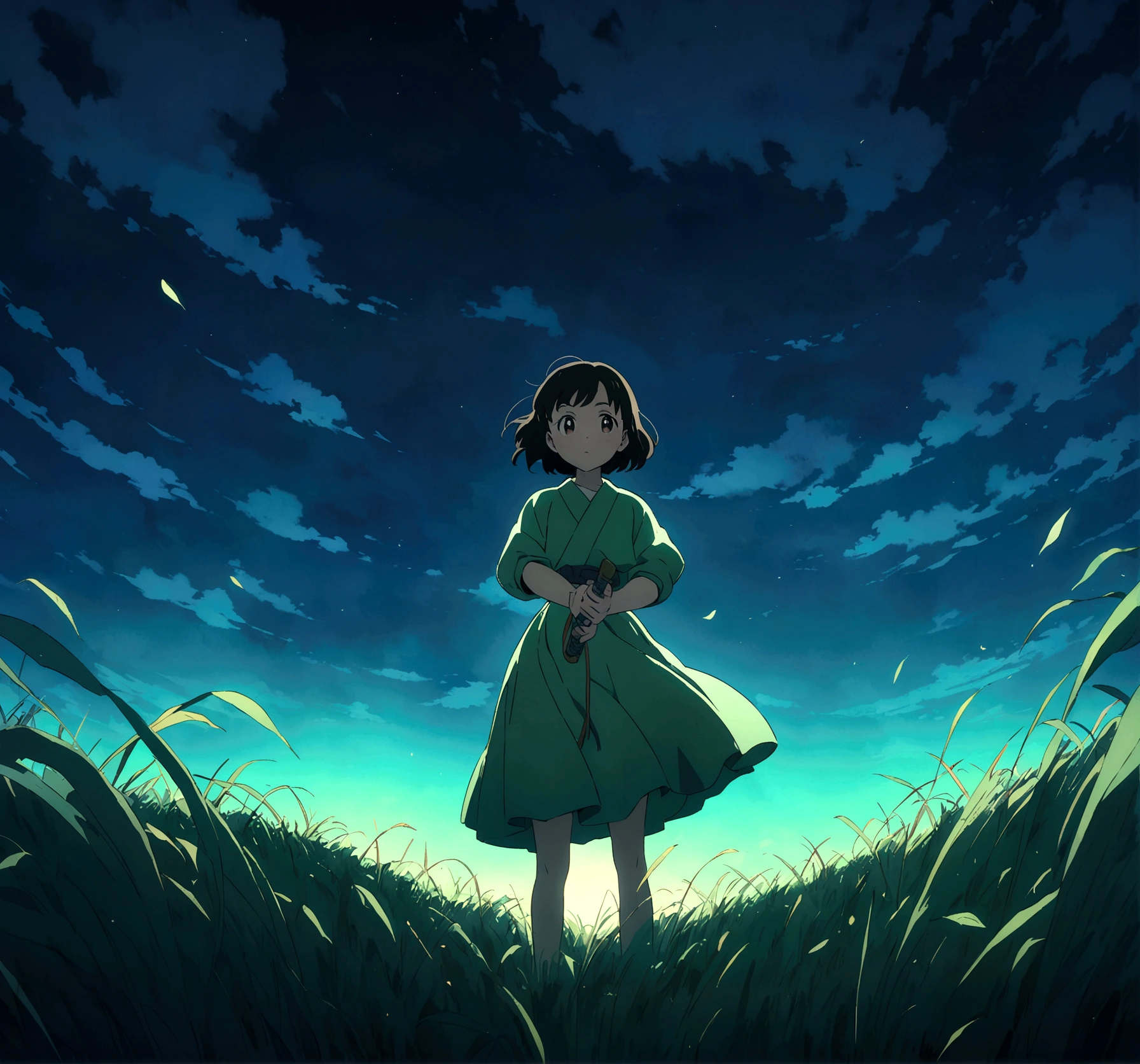 (BEST QUALITY)(BEST RESOLUTION)(MASTERPIECE)(ANIME ART)(ANIME STYLE) Kumatetsu from the movie "Bakemono No Ko" holding a katana in his hands, standing in a vast field of green grass.