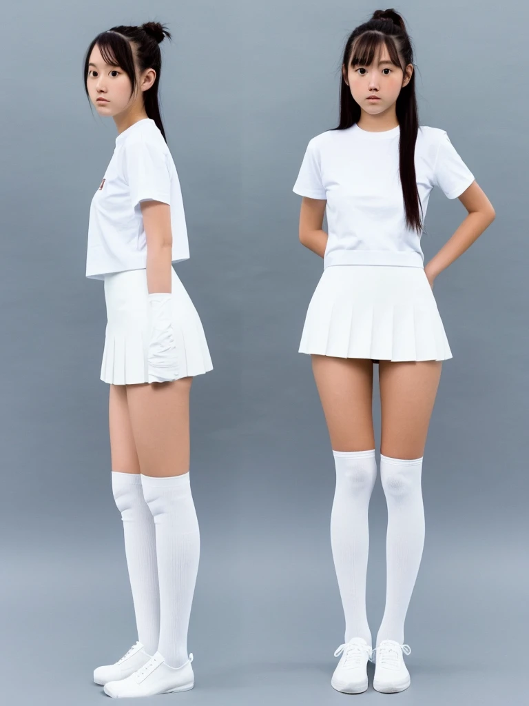 A woman wearing white knee-high socks、White T-shirt、White mini skirt、Japanese、Standing posture、The whole body is in it、Highest quality、Looking this way、