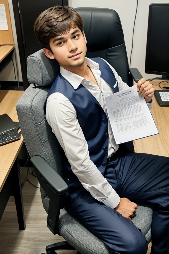 A boy sit on chair as a sales officer