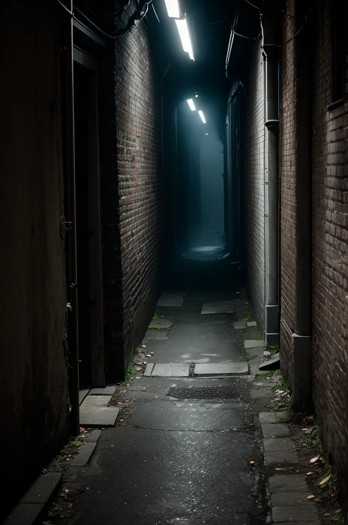 Create a photo of a dark alley, with smoke and the worn floor
