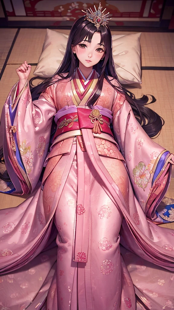 　A beautiful 15-year-old Japanese princess from the Sengoku period with long black hair　Gorgeous embroidery, Ultra glossy, She is wearing a shiny Edo-period princess kimono.　She lies on her back and touches her pussy